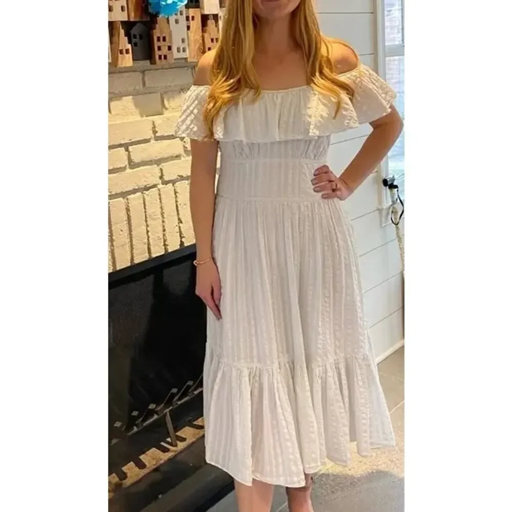 Tory Burch White Striped Seersucker Tiered Dress Sz. 4